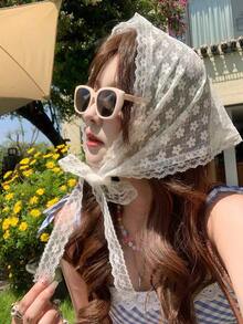 1 Piece Of White Lace Floral Headscarf, Floral Printed Headband For Women, Cute Small Floral Square Scarf, Seasonal Accessory For Women's Matching In Spring And Summer Beach Hair Bands Vacay Women Bandana - White - View 1