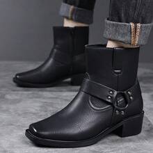 Men's Western Faux Leather Ankle Boots, Square Toe Metal Studded Harness Booties With Side Zipper Block Heel, Non-Slip Comfort Casual Cowboy Footwear - màu đen - Xem 7
