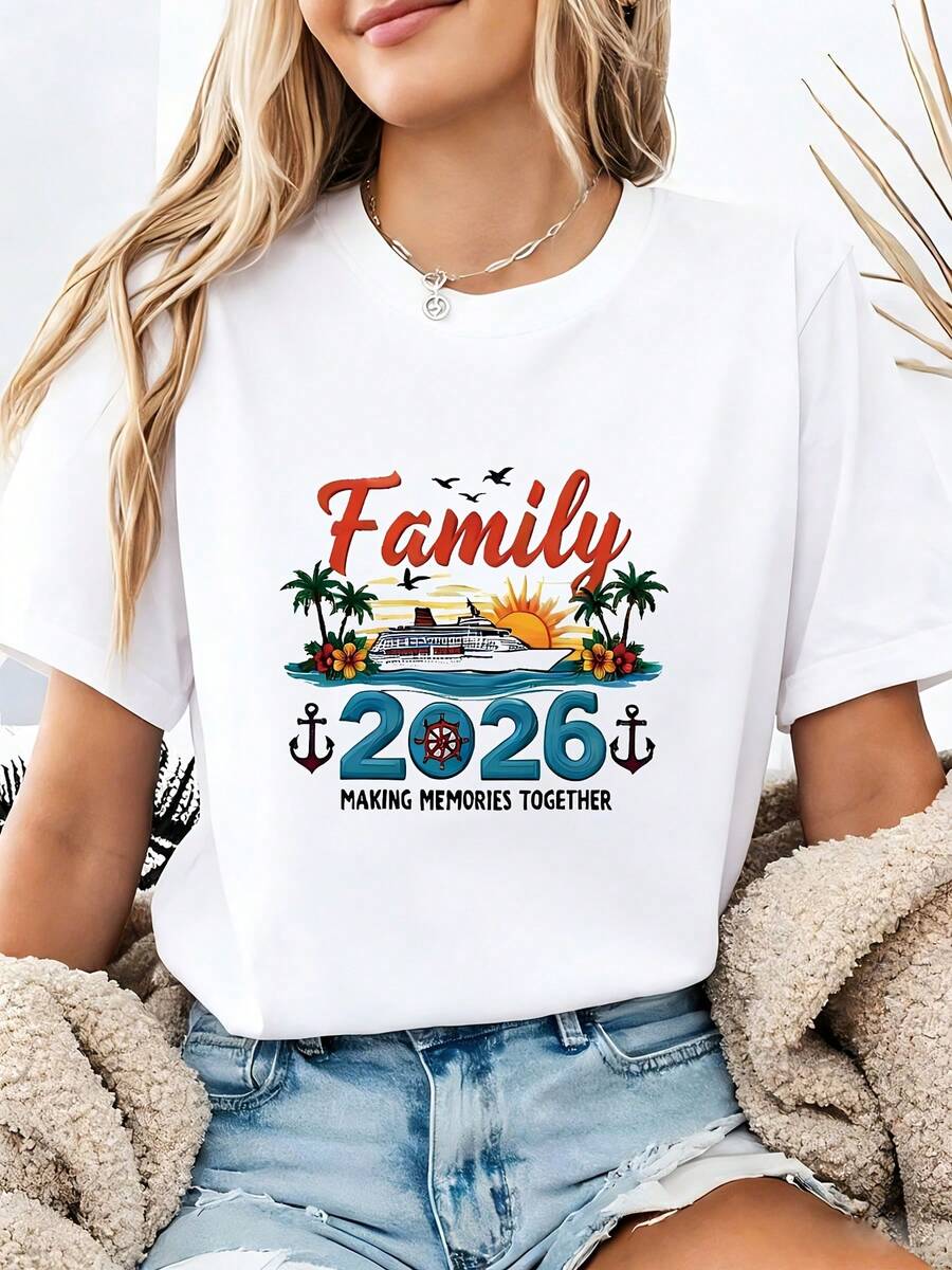 Camiseta de algodón puro con estampado para mujer, 2026 Family Trip, Let's Create Memories Together, estampado con texto de crucero, cuello redondo, manga corta, primavera-verano. - Blanco - Ver 1