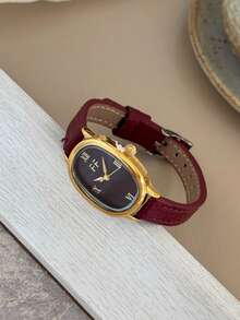 1 pieza Reloj de cuarzo para mujer con correa ajustable estilo retro, elíptico con escala de números romanos, compacto y perfecto para uso diario - Rojo - Ver 3