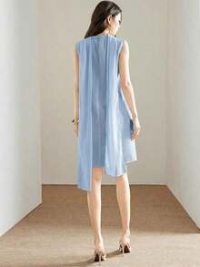 Vestido elegante de oficina con cuello drapeado para mujer - Azul - Ver 6
