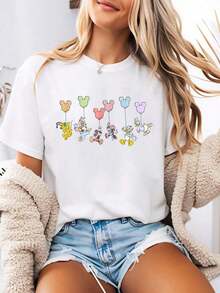 Camiseta gráfica de mujer con estampados de  con globo y dibujos animados alegres de  y .Ropa de verano para mujer con diseño de cuello redondo.Hecho de tela 100% algodón suave y cómoda, perfecto para uso diario, actividades al aire libre o salidas de compras.También es ideal como ropa de vacaciones para mujeres. - Blanco - Ver 8