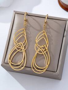 1 Pair Fashion Designer Style Metal Line Earrings, European And American Style Exaggerated Multi-Layer Hollow Water Drop Earrings, Vacation Style Versatile Elegant Accessory, Freely Movable Woven Line Design Adds More Dynamism, Randomly Hanging Water Drop Earrings Add Layered Effect - Yellow Gold - View 3