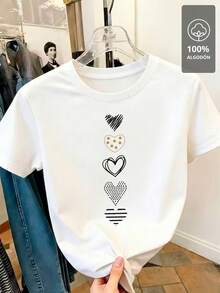 100% Cotton T-Shirt With Vertical Hearts In White And Gold - 白色 - 查看 3