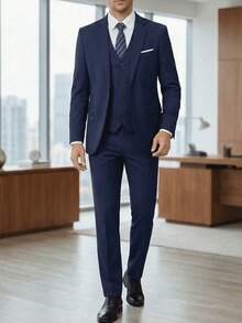 3 PiecesNavy Blue Suit Set For Men, Includes Single-Breasted Jacket + V-Neck Vest + Straight-Leg Pants, Wrinkle-Resistant, Durable, Non-Deforming, Comfortable For Long Wear, Easy Care, Suitable For Business Or Wedding Occasions - Navy Blue - View 5