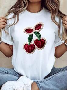Women's Short-Sleeved T-Shirt, Round Neck, New Spring-Summer 2026 Style, White, Black, Red, Casual, Cherry Print For Valentine's Day, Fun Regular Fit Top For Women.|Breathable Fabric - 白色 - 查看 1