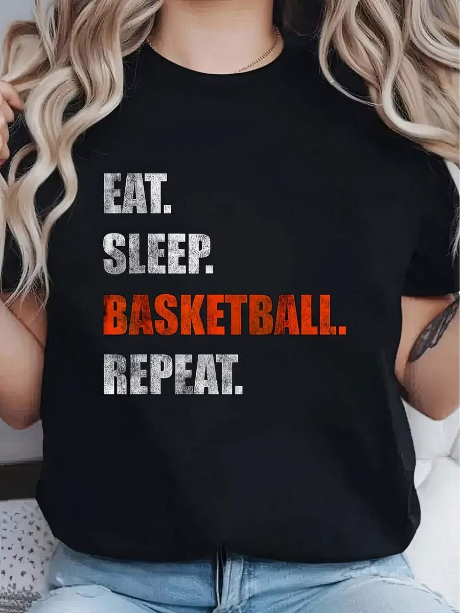 Camiseta estampada para mujer - Manga corta, cuello redondo, diseño casual "EAT SLEEP BASKETBALL REPEAT", fibra de poliéster ligera, adecuada para verano y primavera, lavable a máquina, camiseta deportiva. | Diseño de texto en negrita | Blusas de tela suave para mujer, camisetas gráficas de verano para mujer, camisa casual estampada para mujer, manga corta y cuello redondo, moda urbana local de primavera/verano. - Negro - Ver 1
