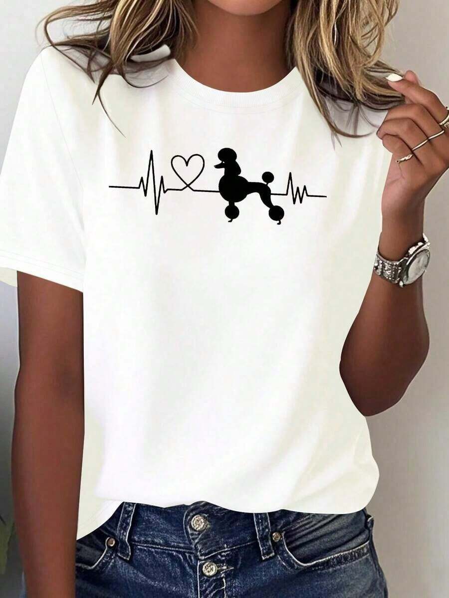 SummerLa Women's Comfortable Graphic Tees T-Shirt Features The Silhouette Of A Pomeranian With Lines That Simulate A Heartbeat, And Is Made Of 100% Cotton. Fashion All-Match Women's Short Sleeve T-Shirt, Basic Style For Inner & Outer Wear - 白色的 - 查看 1
