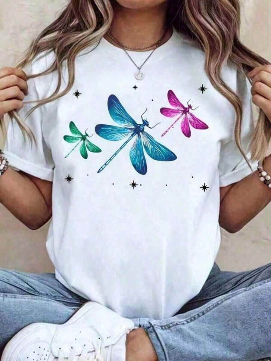 short sleevesCamiseta de cuello redondo para mujer con estampado de libélula, manga corta, estilo casual de verano, camisetas gráficas occidentales, ropa para hombre, camisas para hombre, camisetas gráficas, ropa de verano para mujer, tops de verano, ropa de verano, camisetas gráficas. . Adecuado como regalo. playera de mujer. blusas>elegantesOcio - Blanco - Ver 1