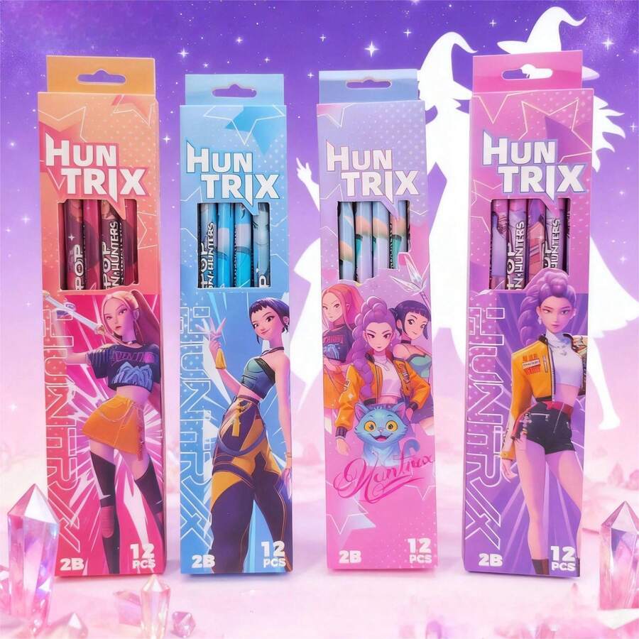 12pcs Korean Cartoon 2B Pencils, Cute Anime Character Printed Pencils, Student Learning Stationery, Suitable For Teenagers, K-Pop Fans Collection Gift - Multicolor - View 1