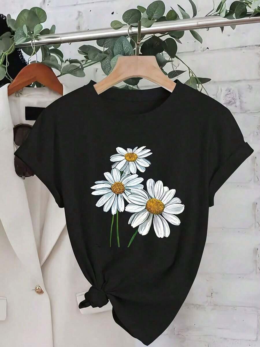 Camiseta 100% algodón con estampado de margaritas, top deportivo casual de manga corta y cuello redondo, adecuada para ropa de mujer de primavera y verano, camiseta de algodón transpirable, combina con todo, 100% algodón. - Negro - Ver 1