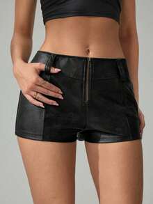 Shorts Casuales de Color Sólido con Cierre Frontal para Mujeres Altas, Micro Shorts - Negro - Ver 6