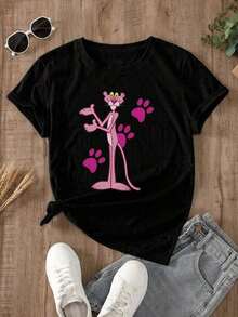 Women's Simple Loose Fit T-Shirt, Modern Style, 1 Piece. Women's T-Shirt, Urban Style, Creative  Print, Footprints, Soft Fabric, Solid Color, Loose Fit, Round Neck, Short Sleeve, Spring/Summer, Everyday Wear. T-Shirts. Cozy Soft Simple Everyday Wear Short Sleeve Top - 黑色 - 查看 4