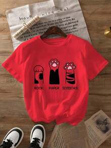 New 2026 Printed Cotton T-Shirt With A Rock, Paper, Scissors Cat Design, Short Sleeves, Round Neck, Casual Top, Women's Clothing For Spring/Summer. V0Q1 Beautiful Blouses 100% Cotton - 紅色的 - 查看 8