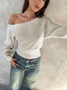 Top de manga larga asimétrico de hombro de punto de color albaricoque para mujer, otoño/invierno - Albaricoque - Ver 6