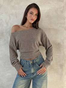 Top de manga larga asimétrico de hombro de punto de color albaricoque para mujer, otoño/invierno - Marrón - Ver 8