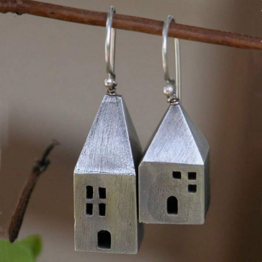 1 Pair Retro Mini House Shaped Earrings For Women, Wave-Style Earring Hook Design, Suitable For Casual Daily Wear - Silver - View 1