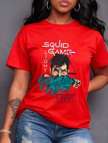 Juego del Calamar 2 protagonista tensión rostro oculto decisiones cruciales 'Luz Verde Luz Roja' y 'STOP' resumen supervivencia desafíos del juego Esencia de la serie para fans Camiseta de mujer% algodón-Vintage Street Style Unisex Loose Cotton Short Sleeve Crew Neck-Shirt - Rojo - Ver 1
