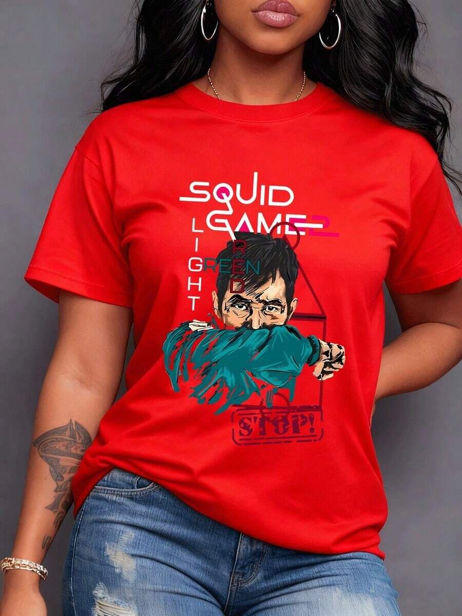 Juego del Calamar 2 protagonista tensión rostro oculto decisiones cruciales 'Luz Verde Luz Roja' y 'STOP' resumen supervivencia desafíos del juego Esencia de la serie para fans Camiseta de mujer% algodón-Vintage Street Style Unisex Loose Cotton Short Sleeve Crew Neck-Shirt - Rojo - Ver 1