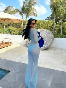 Vestido de manga larga con hombros descubiertos, de malla transparente y ajustado al Body, elegante para el verano - Celeste - Ver 4