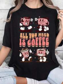 Camiseta de manga corta negra para mujer, 100% algodón puro, con un diseño retro de taza de café y el eslogan "ALL YOU NEED IS COFFEE". Ideal para usar en grupo, esencial para viajes al aire libre. Diseño casual de manga corta para mujer, estilo streetwear, con tela transpirable. - Negro - Ver 1