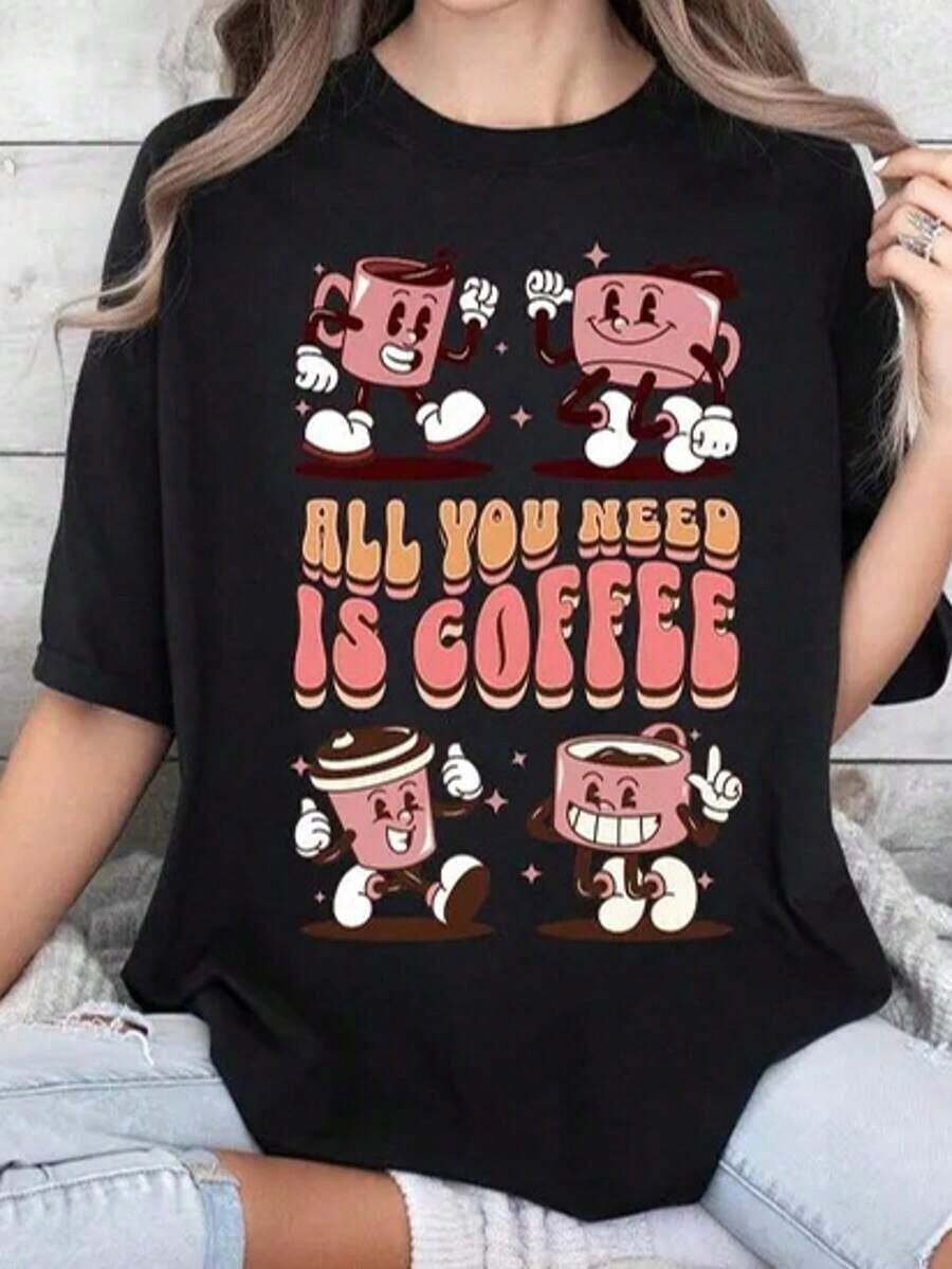 Camiseta de manga corta negra para mujer, 100% algodón puro, con un diseño retro de taza de café y el eslogan "ALL YOU NEED IS COFFEE". Ideal para usar en grupo, esencial para viajes al aire libre. Diseño casual de manga corta para mujer, estilo streetwear, con tela transpirable. - Negro - Ver 1