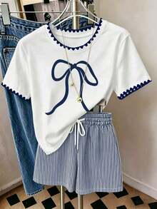 Conjunto de dos piezas de verano para mujer, shorts a rayas blancas y azules, camiseta holgada para mujer, conjunto básico talla grande vendido, con estampado de lazo - Multicolor - Ver 1
