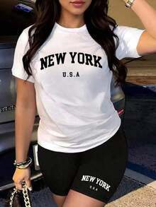 Conjunto de estilo nuevo 2026, solo se vende la camiseta (los pantalones son solo para referencia de combinación). Camiseta estampada de corte holgado. Una pieza minimalista y moderna con estampado de letras tropicales, un artículo imprescindible para un estilo relajado en vacaciones. Perfecto para ocasiones como el Día del Trabajo y el Día de la Independencia de México. - Blanco - Ver 8