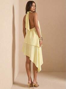Vestido de satén de línea A con escote halter y espalda descubierta de unicolor amarillo/crema, adecuado para primavera/verano, vacaciones, playa, invitada elegante de boda, fiestas, ocasiones de otoño/invierno, Navidad elegante, Halloween - Amarillo - Ver 2