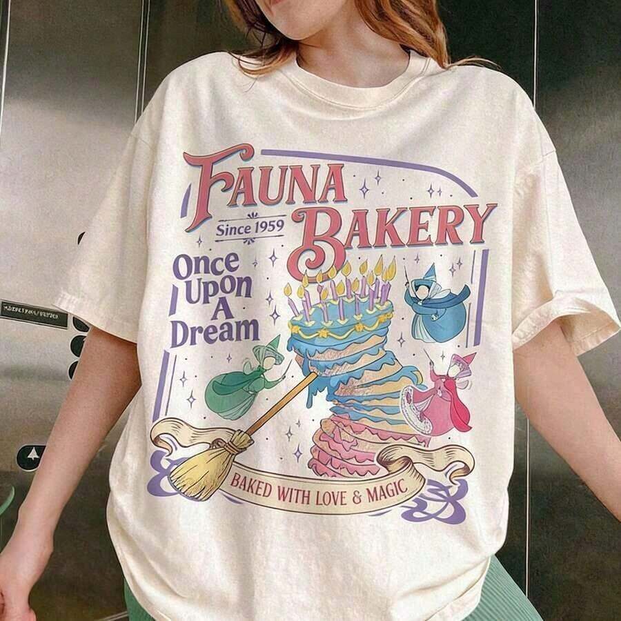 Camiseta Fauna Bakery Horneada Con Amor Y Magia, Camiseta Princesa Durmiente, Camiseta Hada Madrina, Camisetas Familiares Para Parque Temático, Camiseta Fresca De Verano, Estilo Unisex - Blanco - Ver 1