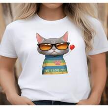 Women's Casual Cotton Round Neck Short Sleeve T-Shirt with Cool Cat Print Relaxed Fit Top - Blanco - Ver 1