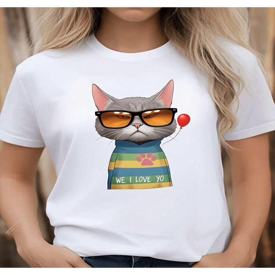 Women's Casual Cotton Round Neck Short Sleeve T-Shirt with Cool Cat Print Relaxed Fit Top - Blanco - Ver 1