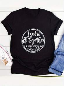Camiseta casual de talla grande para mujer con estampado de círculo y eslogan, manga corta, cuello redondo, tela de elasticidad media, cuello de tulación, para toda tempor - Negro - Ver 2