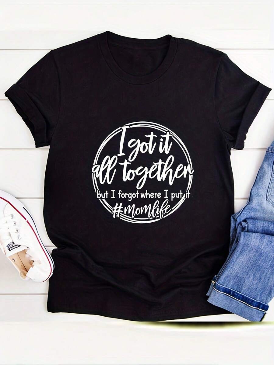Camiseta casual de talla grande para mujer con estampado de círculo y eslogan, manga corta, cuello redondo, tela de elasticidad media, cuello de tulación, para toda tempor