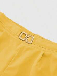 Conjunto informal de mujer con blusa de cuello en V plisada y pantalones de pierna ancha de unicolor - Amarillo - Ver 7
