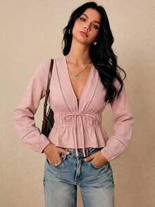 Blusa de manga larga con cuello en V profundo y lazo al frente, elegante para oficina, de unicolor - Rosa vieja - Ver 7