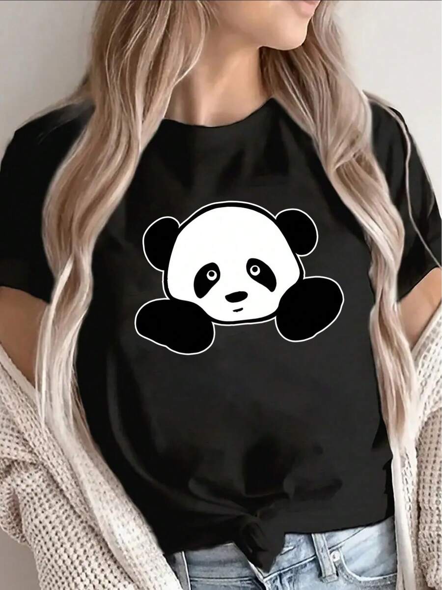 Camiseta de mujer ligera y duradera con estampado de panda, adecuada para salidas informales, uso en casa o visitas a cafeterías, ofreciendo un ajuste cómodo. - Negro - Ver 1
