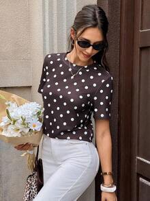 Frenchy Camiseta de mujer de manga corta, cuello redondo, ajustada y minimalista, adecuada para primavera/verano, con estampado de rayas rosa y marrón - Marrón 4 - Ver 1