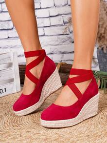 Giày đế xuồng và đế cao kiểu espadrille cho nữ, sandal quai ngang dệt màu đen mũi tròn thích hợp cho kỳ nghỉ biển, đế dây thừng co giãn, kết hợp với giày nữ. - Đỏ - Xem 4