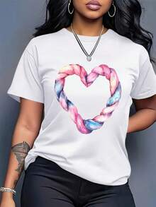 Camiseta Oversize Boho Chic para Mujer Talla - Estampado de Corazón en Rosa Pastel y Azul, Cuello Redondo Manga Corta Ajuste Holgado, Degradé Suave de Rosa a Azul, Blusa Casual Lavable aáquina para Todas las Estaciones - Blanco - Ver 4