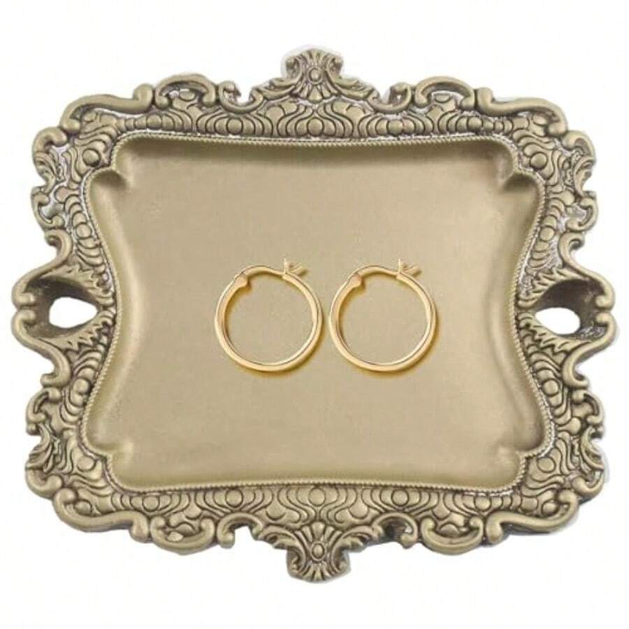 Vintage Style Gold Jewelry Dish Small Antique Trinket Tray For Rings Holder Unique Birthday And Wedding Gifts For Women Decor For Home Bathroom Accessories Measuring 4.9 X 4.3 Inches - Vàng - Xem 1
