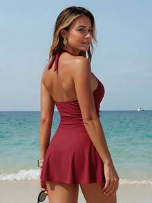 Traje de baño de una pieza con decoración metálica asimétrica con diseño de nube, adecuado para vacaciones en la playa en verano, color negro - Burdeos - Ver 2