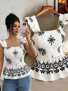 Blusa de manga corta con lazo en la espalda y cintura ceñida, con estampado posicionado en color negro sobre base color albaricoque, para mujer - Albaricoque - Ver 3