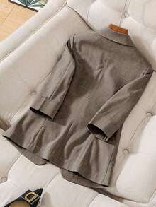 Blazer de lino de 3/4 de manga con cintura ajustable, diseño de botones, adecuado para ir al trabajo, eventos formales, fiestas elegantes, ropa de oficina - Primavera, Verano, Otoño - Marrón - Ver 2