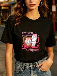 Fashionable Everyday T-Shirt, 180g, Fun, For Baseball Mom. | High-Voltage Print T-Shirt With Bold Style | Perfect Gift For Mom, Team Spirit, Family Outings, Office Parties,  Gifts, Women's Blouses. - 黑色 - 查看 1