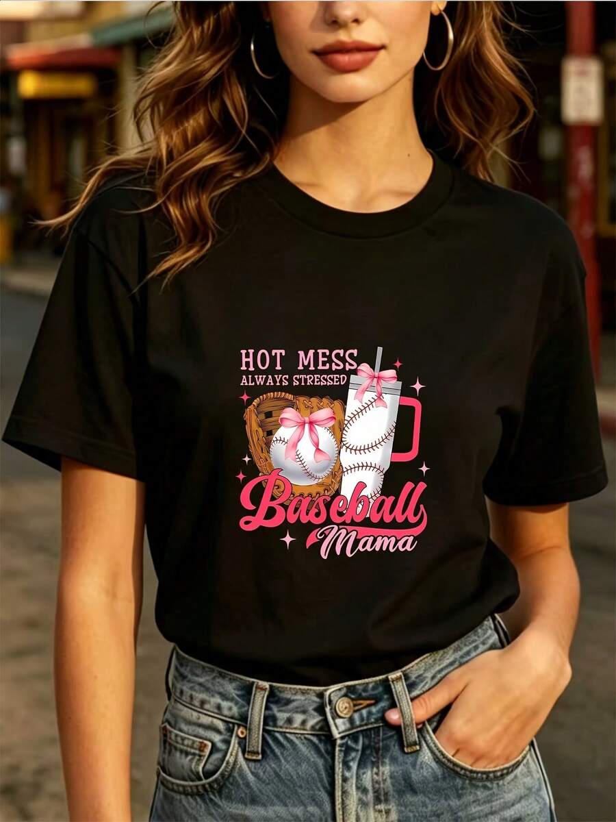 Fashionable Everyday T-Shirt, 180g, Fun, For Baseball Mom. | High-Voltage Print T-Shirt With Bold Style | Perfect Gift For Mom, Team Spirit, Family Outings, Office Parties, Gifts, Women's Blouses. - 黑色 - 查看 1