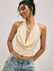 Blusa elegante y sexy de mujer con cuello drapeado y espalda descubierta de unicolor - Albaricoque - Ver 8