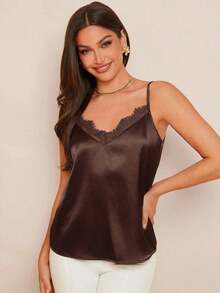 Camiseta de satén azul elegante para mujer con cuello de encaje, versátil para usar en primavera/verano o como prenda de abrigo debajo de chaquetas en otoño/invierno - Café integral - Ver 5