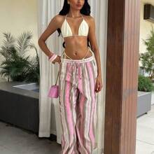 Tall Women's High-Waist Striped Linen Wide Leg Pants, Beach Vacation Casual Countryside Style, Elegant And Natural, Random Floral Pattern, Summer Fall Women Clothes Back To School - Verde militar - Ver 8