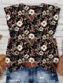 Camisa casual azul con estampado floral para mujer, adecuada para el verano - Negro - Ver 3